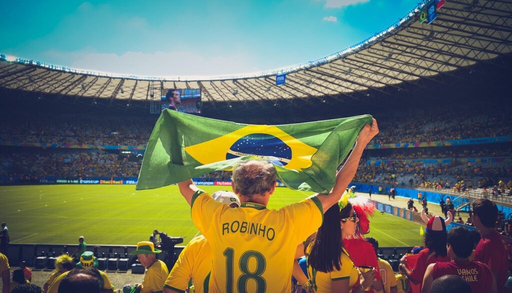 people, soccer, stadium, brazil flag, crowd, audience, sports, flag, game, match, football, cheering, brazil, brazilian, championship, soccer field, world cup, robinho